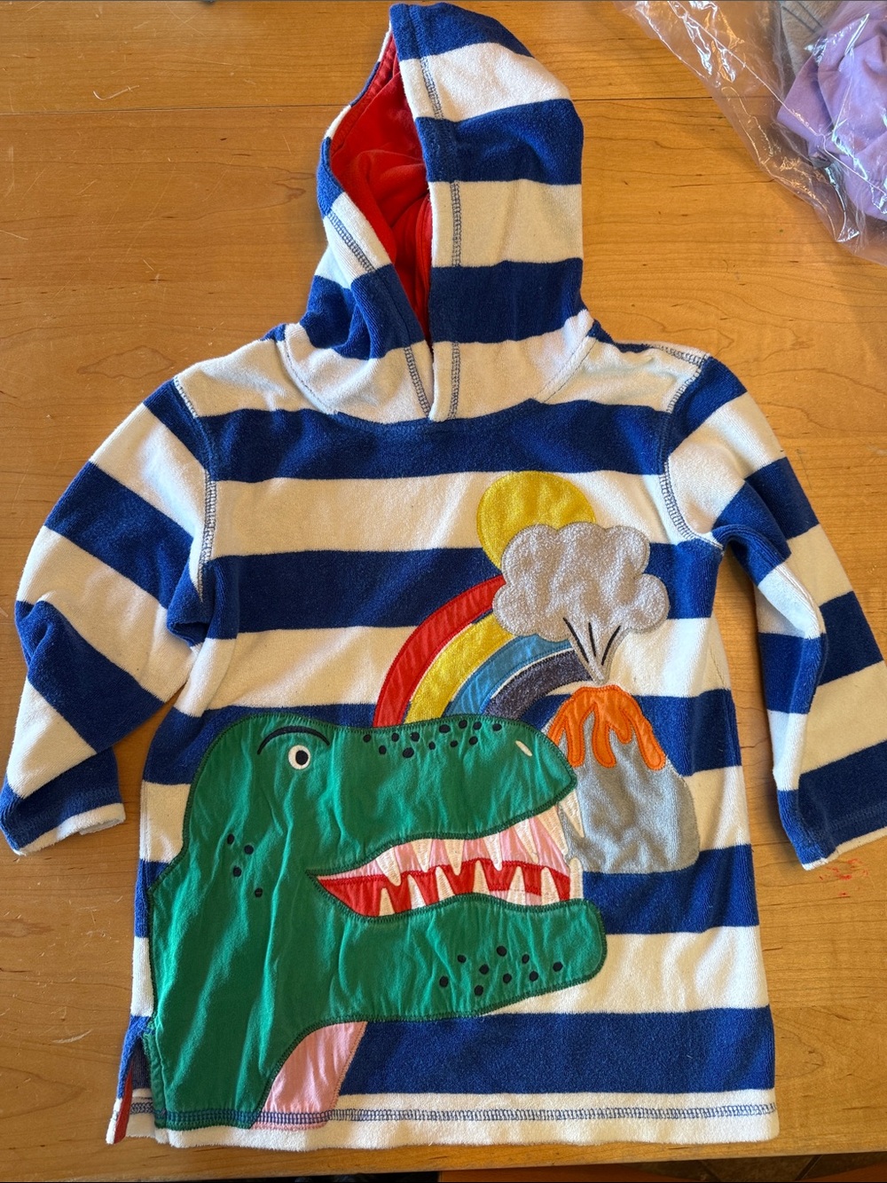 Mini Boden Blue & White Striped Hooded Pullover with Dino Applique